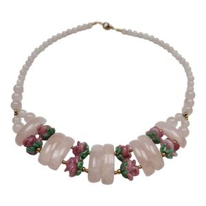 Vintage Lee Sands Rose Quartz Lampwork Floral Necklace Boho Coquette Collar